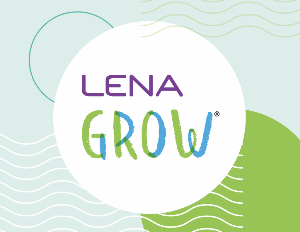 Logo with the words "LENA GROW" in colorful, playful font inside a white circle. The background has abstract shapes and wavy lines in light green and blue tones.