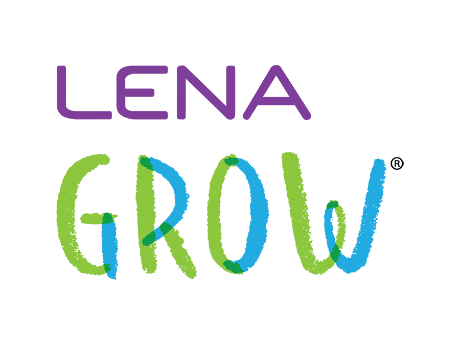The image shows the "LENA Grow" logo. "LENA" is written in purple uppercase letters, and "GROW" is in playful, crayon-like green and blue uppercase letters, with a registered trademark symbol.
