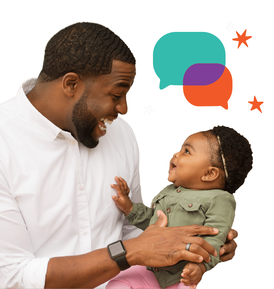 A smiling man holding a happy baby, both looking at each other. Colorful speech bubbles and stars are illustrated in the background, suggesting communication or conversation.