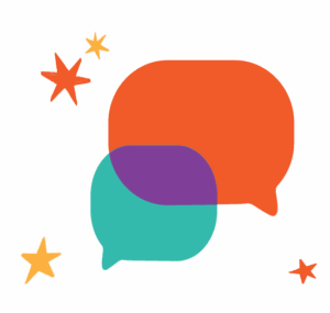 Two overlapping speech bubbles, one orange and one teal with a purple intersection, surrounded by orange and yellow star shapes on a light gray background.