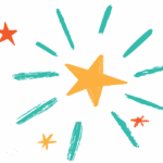 A large yellow star in the center with teal lines radiating outward, surrounded by smaller red, yellow, and white stars on a light gray background. The style is playful and hand-drawn.