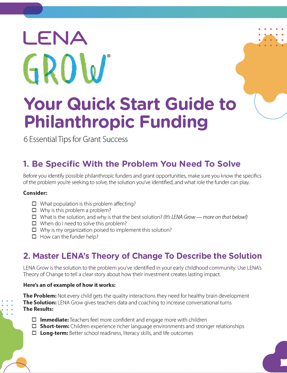 A colorful guide titled "Your Quick Start Guide to Philanthropic Funding" from LENA Grow lists tips for grant success, including being specific with the problem and using LENA’s Theory of Change. Decorative shapes border the page.