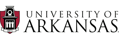 University of Arkansas logo featuring a red shield with a white Old Main building and "1871" shield, next to the text "University of Arkansas.