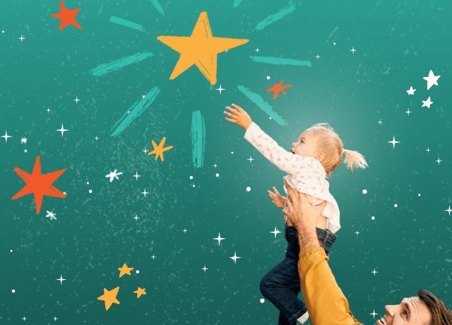 An adult lifts a smiling toddler in the air toward illustrated stars against a teal background, creating a playful, imaginative atmosphere.