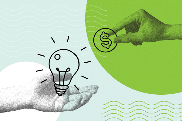 A graphic shows a grayscale hand holding an illustrated lightbulb, while a green-tinted hand offers a coin with a dollar sign. The background features abstract wave patterns in green and white.
