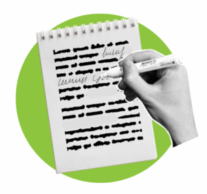 A hand is using a marker to redact text on a spiral notepad, with a green circle in the background.