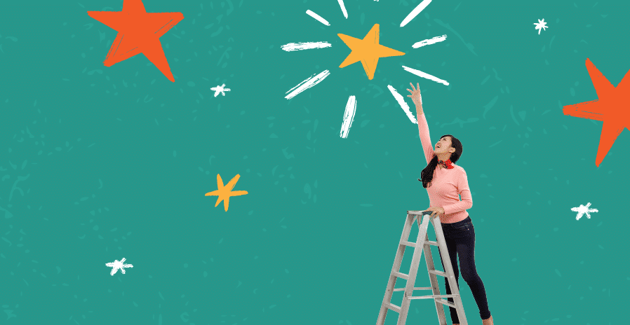 A woman standing on a ladder reaches up toward a large, illustrated yellow star among several red and yellow stars on a teal background.