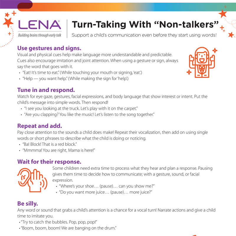 An infographic by LENA titled "Turn-Taking With 'Non-talkers'" provides tips for supporting early childhood communication, including using gestures, responding, pausing for response, and encouraging playful, silly interactions.