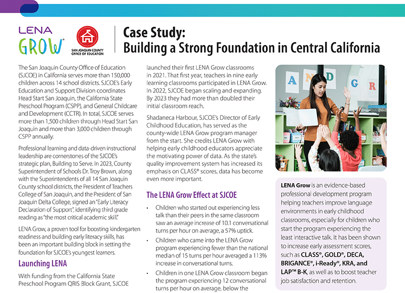 A woman points to a chart while engaging with three young children in a colorful classroom. The image accompanies an article about building a strong educational foundation in Central California.