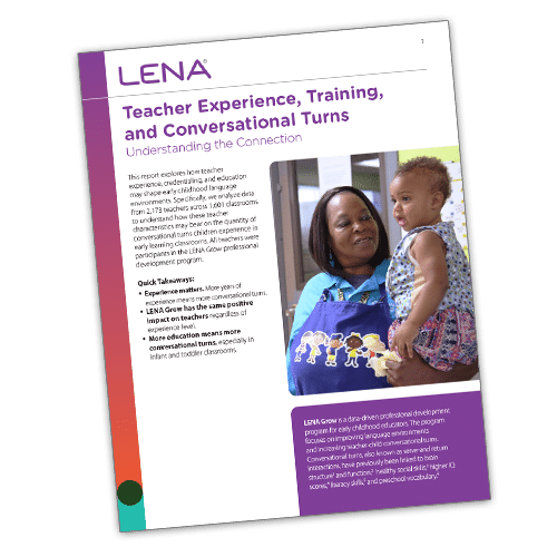 A brochure titled "Teacher Experience, Training, and Conversational Turns" from LENA features a teacher holding a young child in a classroom, with sections of text and colorful design elements.