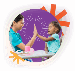 A nurse and a young girl smiling and giving each other a high five, sitting at a table with medical supplies, with a purple background and colorful graphic elements behind them.