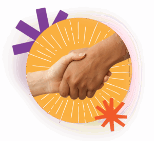 Two hands of different skin tones shaking hands in front of a bright orange circle with radiating lines, and purple and red starburst shapes in the background.