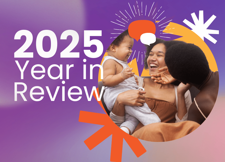 A happy family smiles and plays together within a circular frame on a purple background, overlaid with bold text reading "2025 Year in Review" and decorative orange and white graphic elements.