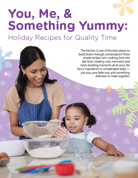 A smiling woman and a young girl mix ingredients in a bowl together in a kitchen. The background is decorated with colorful snowflakes and stars. Text above them reads, “You, Me, & Something Yummy: Holiday Recipes for Quality Time.”.