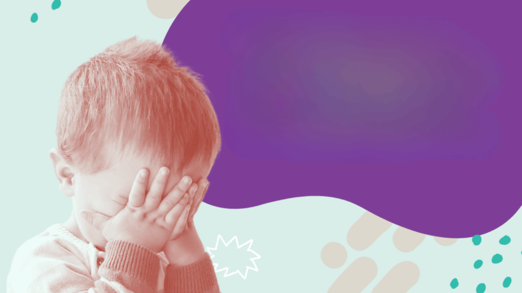 A young child covers their face with both hands, appearing upset. The background features abstract pastel shapes with a large purple area on the right side.
