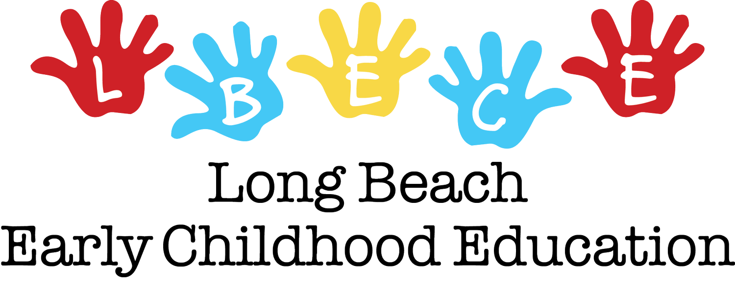 Four colorful handprints with the letters L, B, E, and C above the text "Long Beach Early Childhood Education" in black, playful font.
