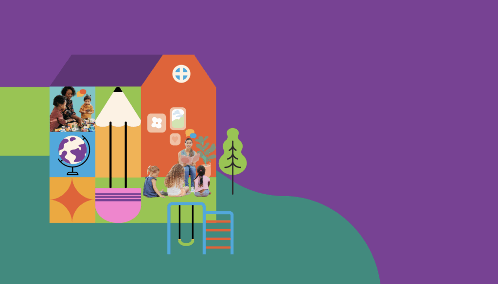A colorful illustration of a schoolhouse with children and adults engaging in activities, a globe, and art supplies, set on a green landscape with a purple background.
