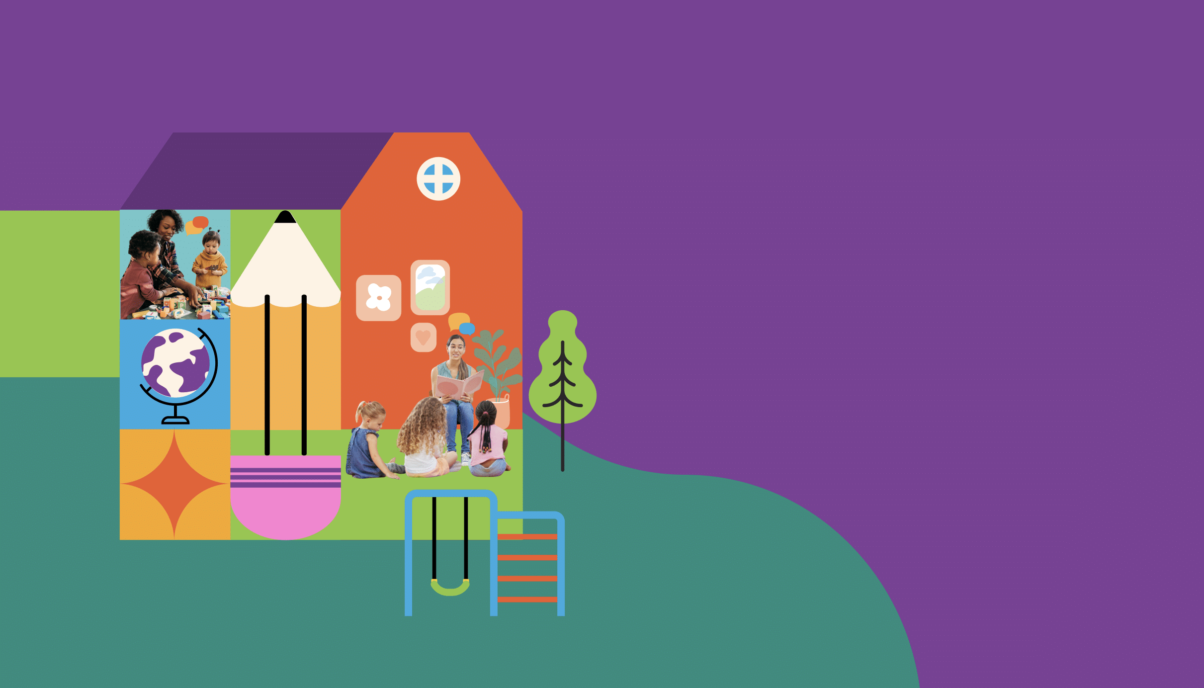A colorful illustration of a schoolhouse with children and adults engaging in activities, a globe, and art supplies, set on a green landscape with a purple background.