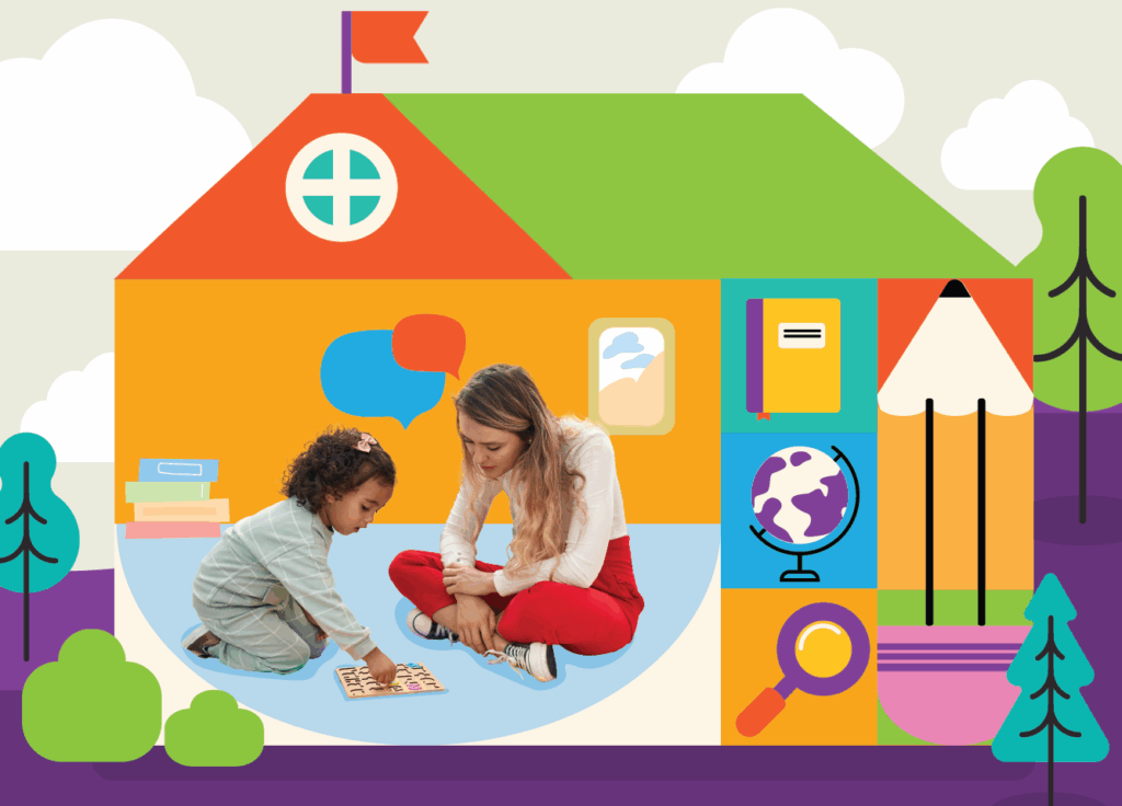 A young child and an adult sit on the floor playing with an educational board game inside a colorful, cartoon-style school building illustration, creating a language rich environment with books, a globe, pencil, and magnifying glass icons.