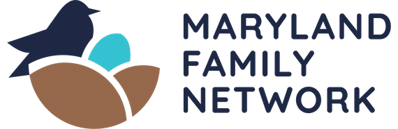 Logo showing a blue bird sitting in a brown nest with a blue egg beside it. To the right, the text reads "Maryland Family Network" in bold, dark blue letters.