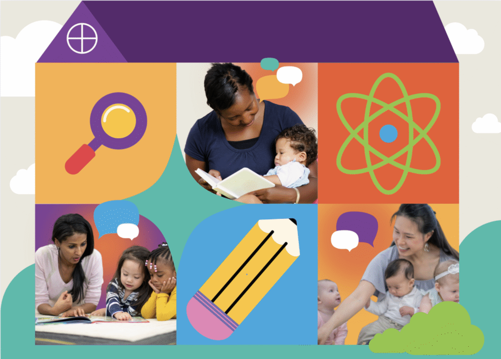 A colorful illustration of a house with photos of adults and children reading and playing, surrounded by icons of a magnifying glass, atom, and pencil, symbolizing learning and education.