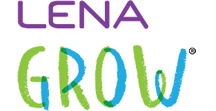 Logo with the word "LENA" in purple uppercase letters above the word "GROW" in playful, green and blue brushstroke-style letters.