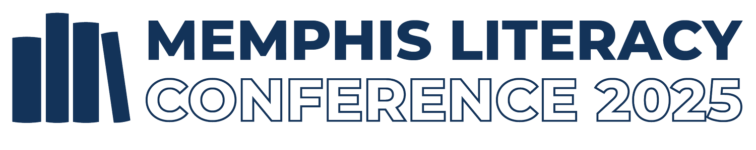 Logo with a blue book stack graphic and the text "Memphis Literacy Conference 2025" in bold blue letters.