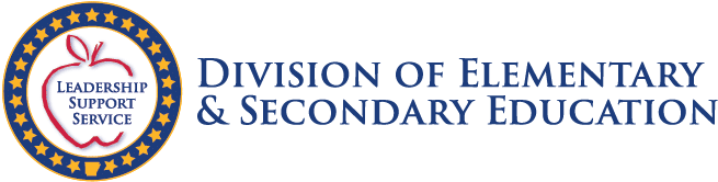 Logo for the Division of Elementary & Secondary Education with a circular emblem featuring an apple and the words "Leadership Support Service" surrounded by stars. The division name is written in blue text to the right.