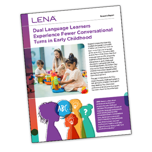 A research report titled "Dual Language Learners Experience Fewer Conversational Turns in Early Childhood" features children playing at a table and colorful illustrations of kids with speech bubbles and ABC blocks.
