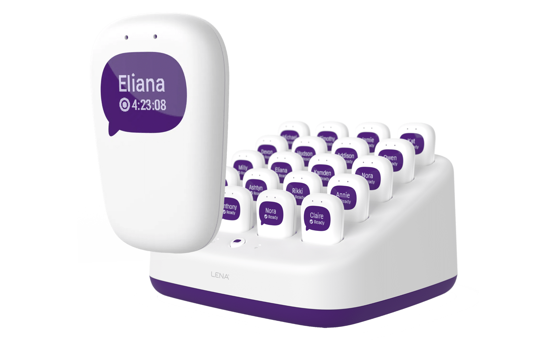 A white and purple electronic device features 24 rounded buttons, each labeled with a name. One button, labeled "Eliana" with a timer, is highlighted and shown above the device. The background is plain white.