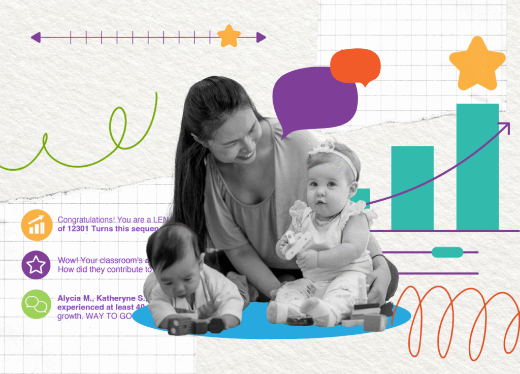 A woman smiles at two young children, one crawling and one sitting, on a textured background with graphs, icons, and colorful shapes representing growth, achievement, and data visualization.