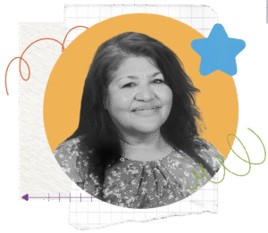 A woman with long dark hair and a floral shirt smiles. The photo is in black and white, overlaid on a yellow circle with a blue star, squiggly lines, and a graph paper-style background.