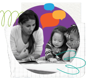A teacher sits with two young children, reading a book together. The children are focused on the book. Colorful speech bubbles and abstract lines decorate the background.