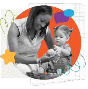 A woman and a young child play with building blocks together. The background features an orange circle, doodles, a yellow star, and speech bubbles on a grid paper pattern.