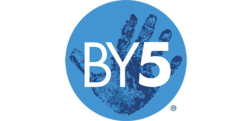 A blue circular logo with a dark blue handprint in the center. The text "BY5" is overlaid in large white letters on top of the handprint.