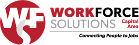 Logo for Workforce Solutions Capital Area, featuring a red circle with white "WF S" letters, and the text "WORKFORCE SOLUTIONS Capital Area: Connecting People to Jobs" in red, gray, and black.