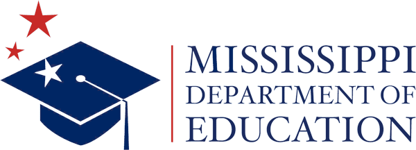 Logo of the Mississippi Department of Education featuring a navy blue graduation cap with a white star, two red stars above, and the organization's name in blue text on the right.