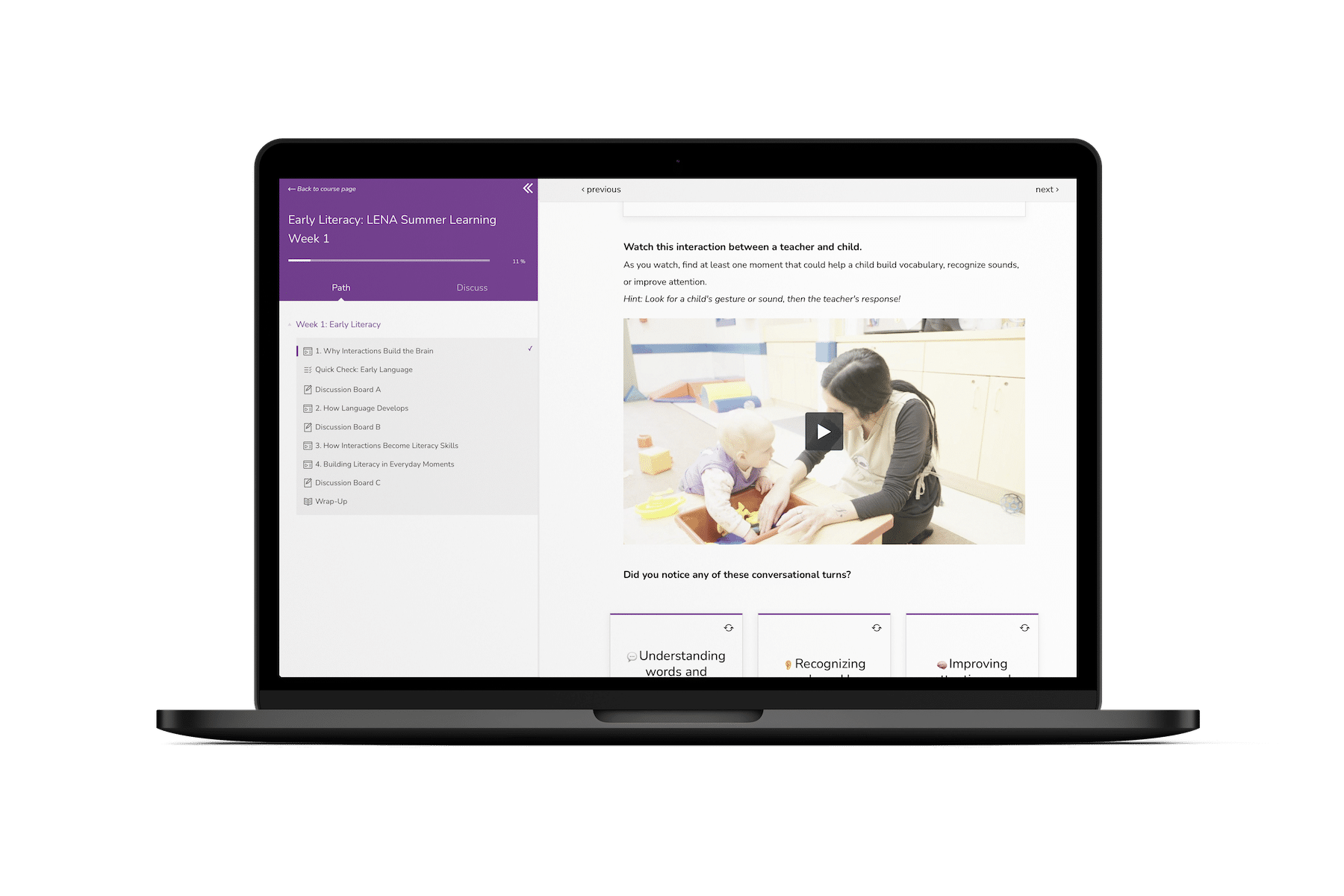 A laptop displays an online learning module titled "Early Literacy | ELM: Summer Learning Week 1," featuring a video of a teacher and child, lesson text, and multiple-choice questions on the screen.
