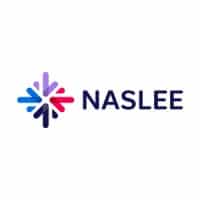 Logo with the word "NASLEE" in blue-purple gradient letters, next to a geometric starburst design made of arrow shapes in shades of blue, purple, and red, pointing toward the center. White background.