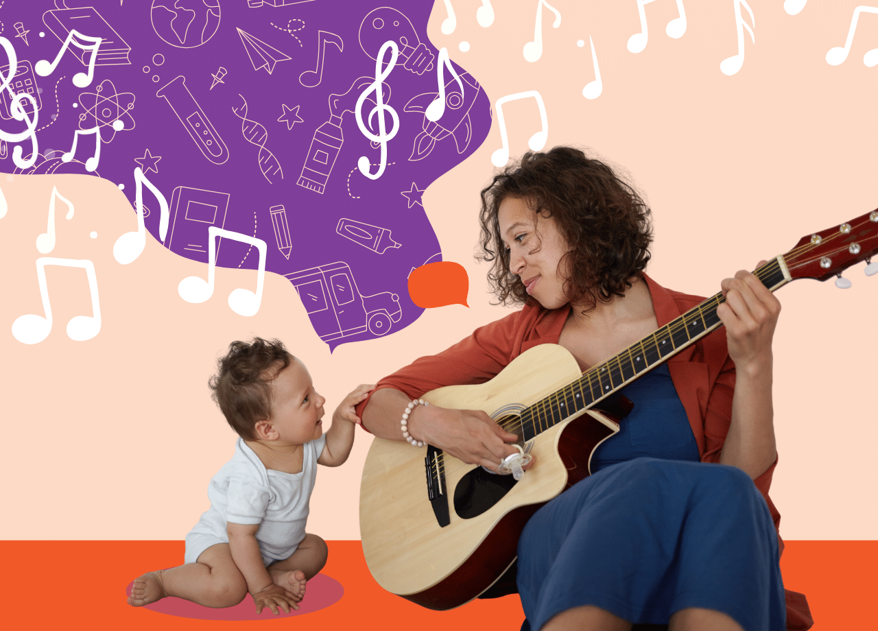A woman plays guitar while a baby sits nearby, reaching towards her. Musical notes and creative doodles flow from their heads, symbolizing music and imagination. The background is colorful with purple and orange tones.