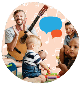 A man with a guitar claps and smiles while three young children play with musical toys, exploring music and early literacy. The background features musical notes and colorful speech bubbles.
