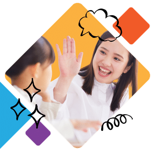 A smiling woman gives a high five to a child, with colorful geometric shapes and playful doodles like stars and a speech bubble accenting the image.