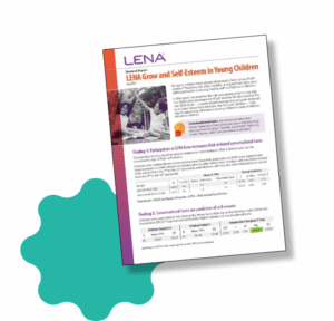 A research report titled "LENA Grow and Self-Esteem in Young Children" featuring text, tables, and a grayscale photo of an adult and two children reading together. The LENA logo appears at the top. A teal graphic shape is in the background.
