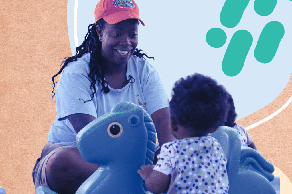 A woman in a coral cap smiles while playing with a toddler on blue rocking horse toys. The background has abstract shapes in light blue and tan colors.