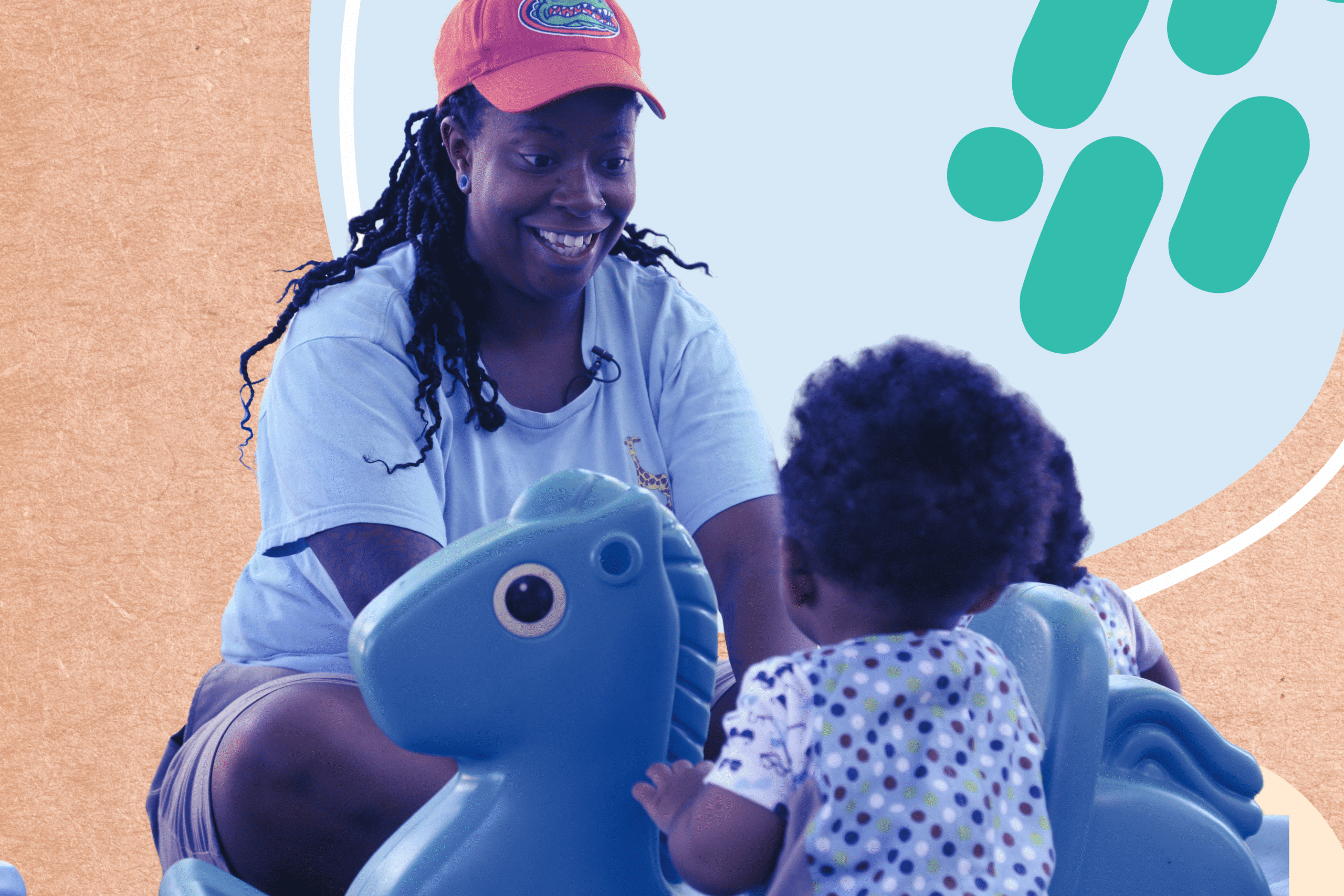 A woman in a coral cap smiles while playing with a toddler on blue rocking horse toys. The background has abstract shapes in light blue and tan colors.