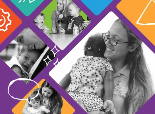 A collage with women and young children interacting, smiling, and playing together, set within colorful, overlapping diamond shapes on a purple background, with playful white line drawings.