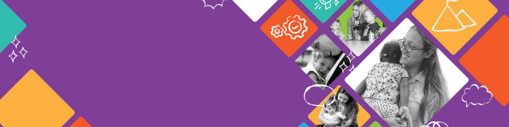 A purple background with colorful diamond shapes on the right, featuring black-and-white photos of children and caregivers, and simple line drawings of clouds, gears, and mountains.