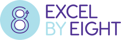 Logo with a stylized number 8 inside a light blue circle on the left, and the words "EXCEL BY EIGHT" in purple and light blue text on the right.
