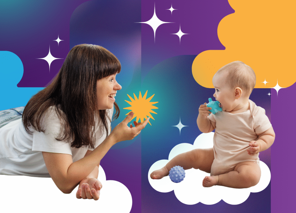 A woman lies on her stomach smiling at a seated baby holding a teething toy. Both are surrounded by colorful clouds and stars on a purple and orange background, with toy balls nearby.