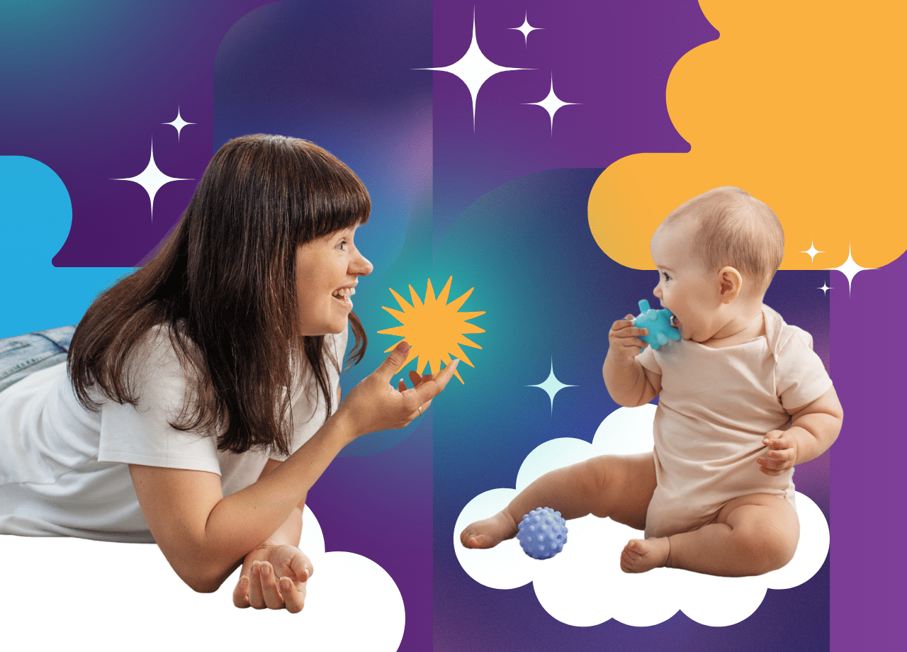 A woman lies on her stomach smiling at a seated baby holding a teething toy. Both are surrounded by colorful clouds and stars on a purple and orange background, with toy balls nearby.